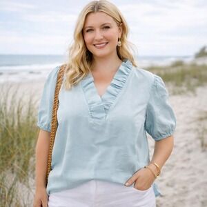 crown & ivy Light Blue Ruffled V-Neck Puff Sleeve Blouse